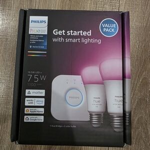 Philips Hue Color 75W A19 Smart LED Bulb 2PK + Hue Bridge - White and Color Ambi